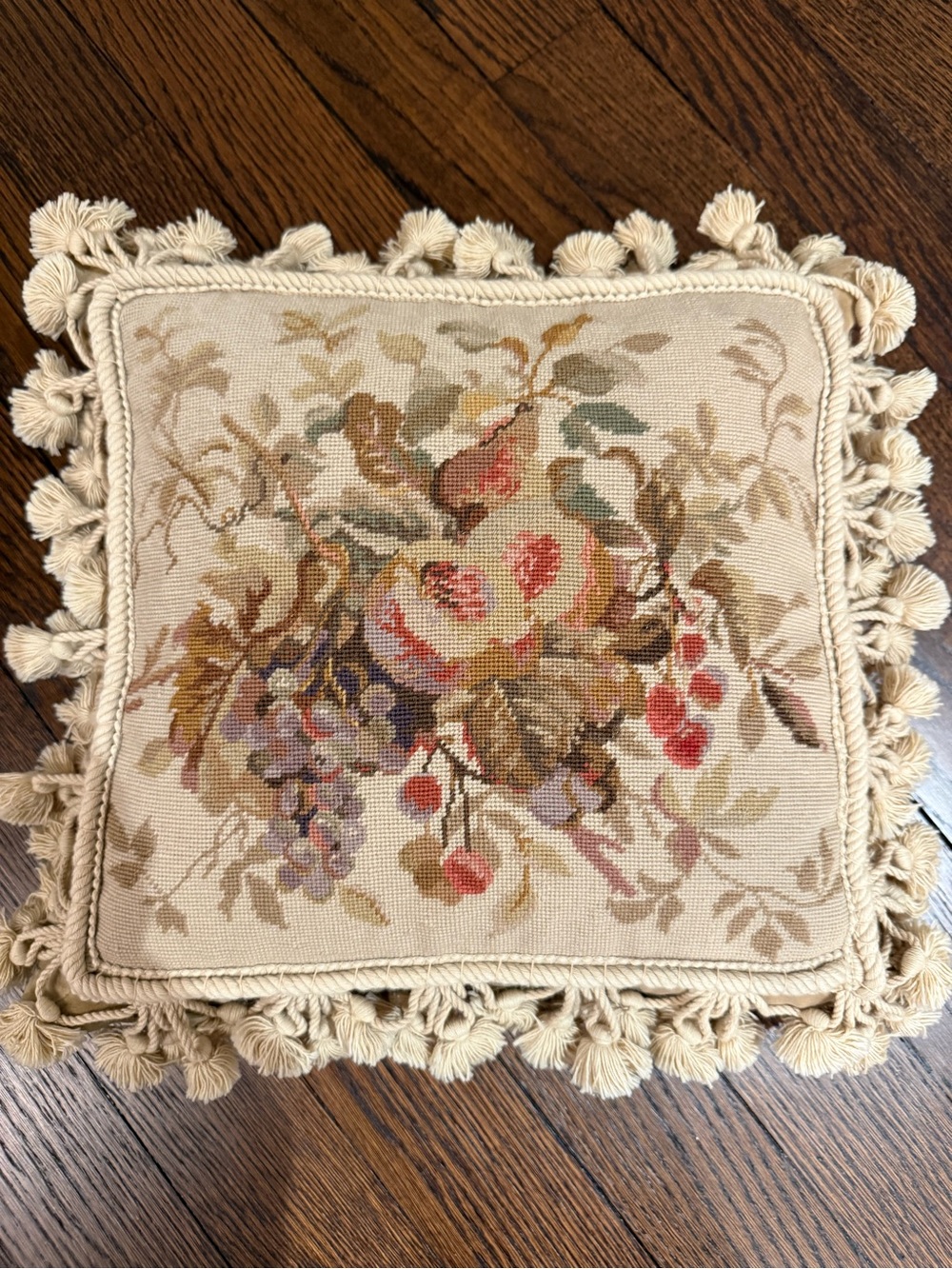 Floral Needlepoint Tassel Throw Pillow - Cream, Multicolor